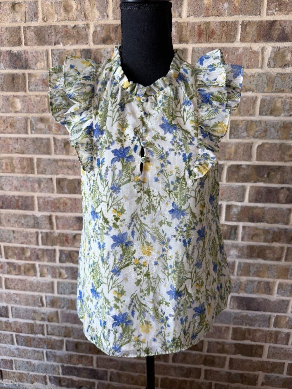 GREYLIN floral ruffle cap-sleeve top XS round neck ruffled sleeve button front - Picture 1 of 6